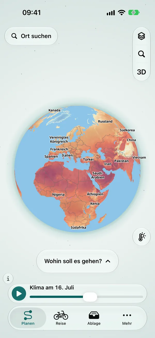 Pedalglobe auf dem iPhone: Globus mit der Klimaebene Tagestemperatur am 16. Juli